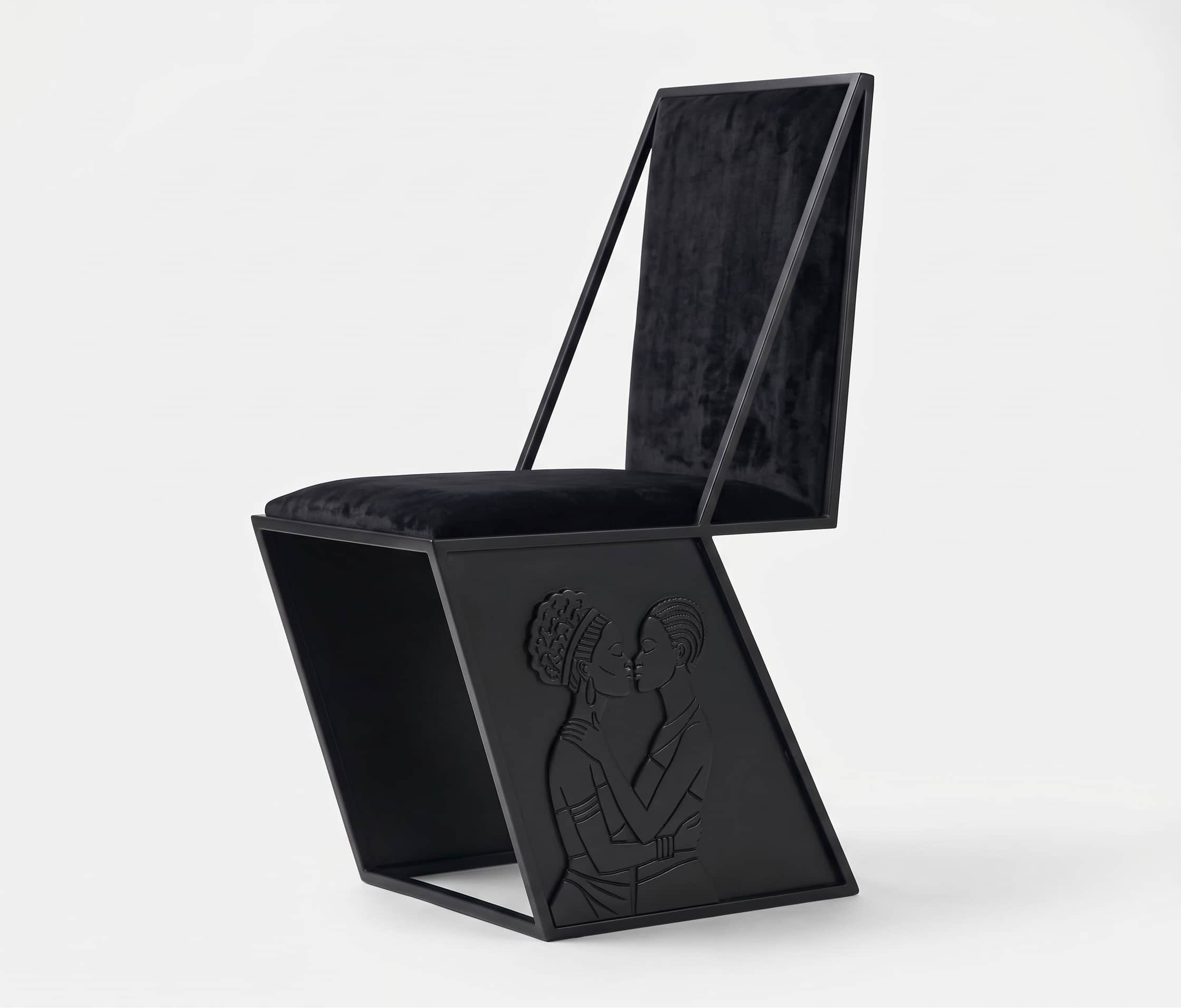 An avant-garde chair featuring a striking geometric, Z-shaped frame constructed from black metal. Th… — free OBJ 3D model