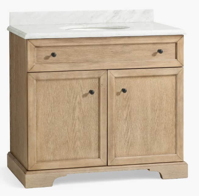 A freestanding bathroom vanity with a marble top featuring an integrated sink basin. The base unit i… — free FBX 3D model