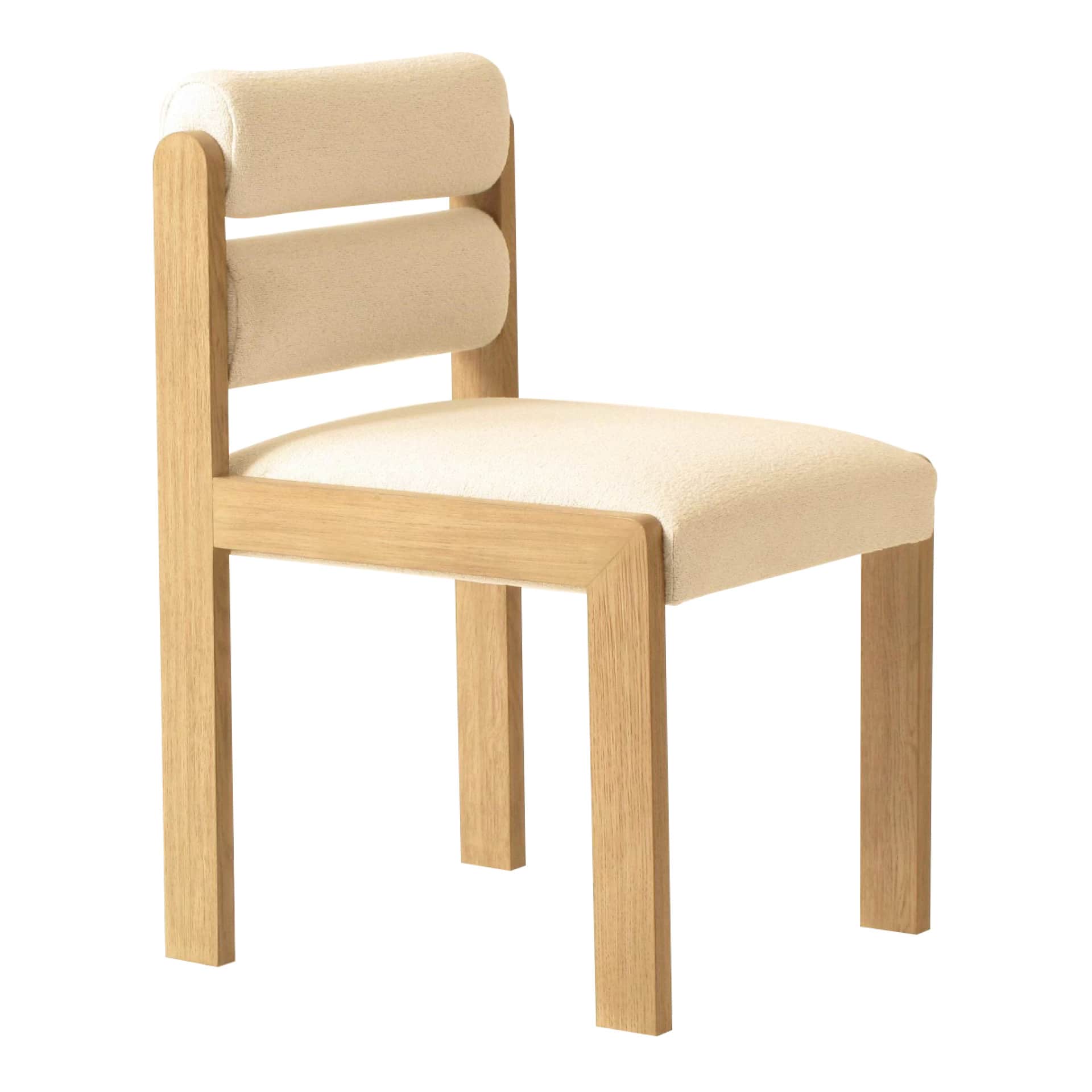 A modern dining chair featuring a light-toned wooden frame and cream-colored fabric upholstery. The… — 3D model