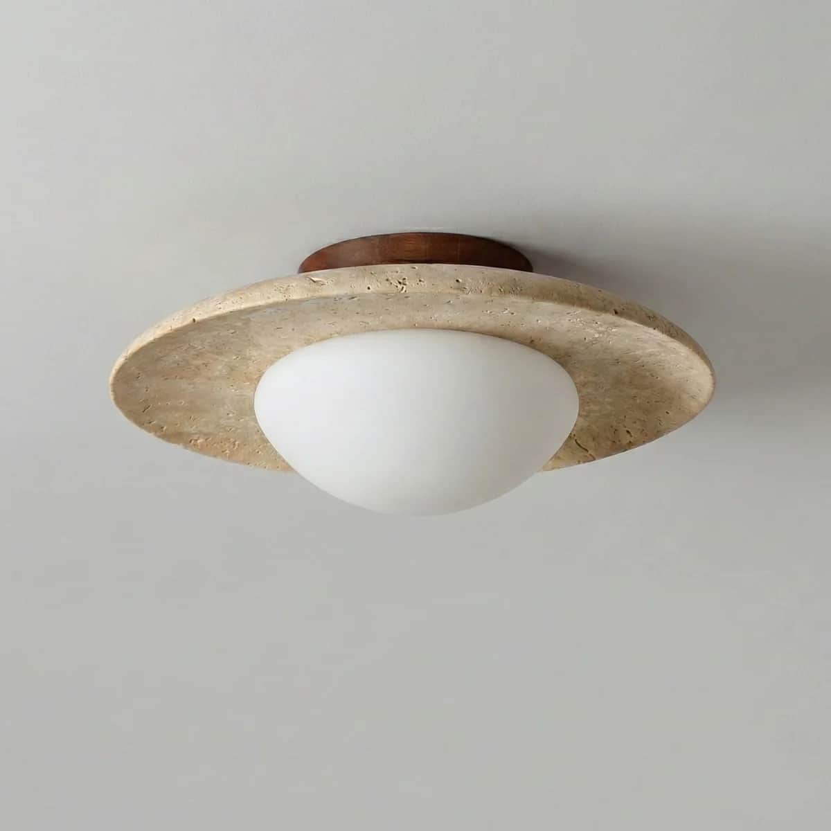 A semi-flush mount ceiling light featuring a natural travertine-like stone disc, a contrasting woode… — 3D model