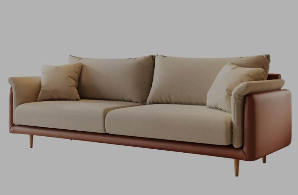 A modern three-seater sofa featuring a two-tone design with light beige fabric for the seat and back… — 3D model