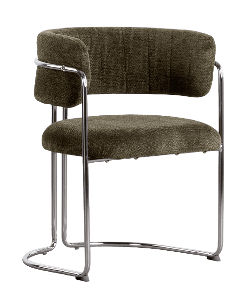 An upholstered armchair featuring a curved back and seat covered in a dark, textured olive-green fab… — 3D model