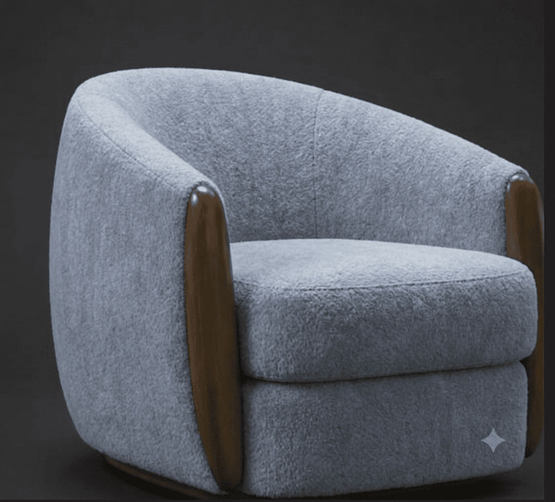 A compact, upholstered lounge chair featuring a rounded, barrel-like back and integrated armrests. I… — 3D model