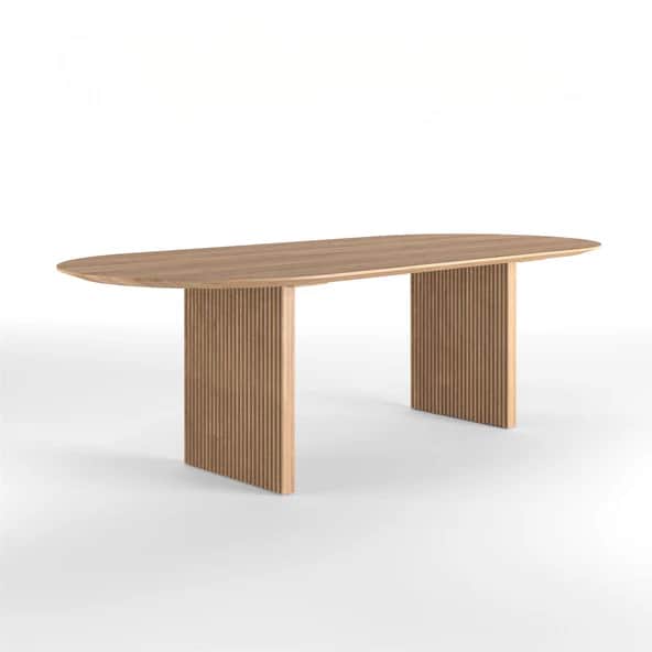 An oval-shaped dining table featuring a solid top and two robust pedestal bases. The bases are chara… — free GLTF 3D model