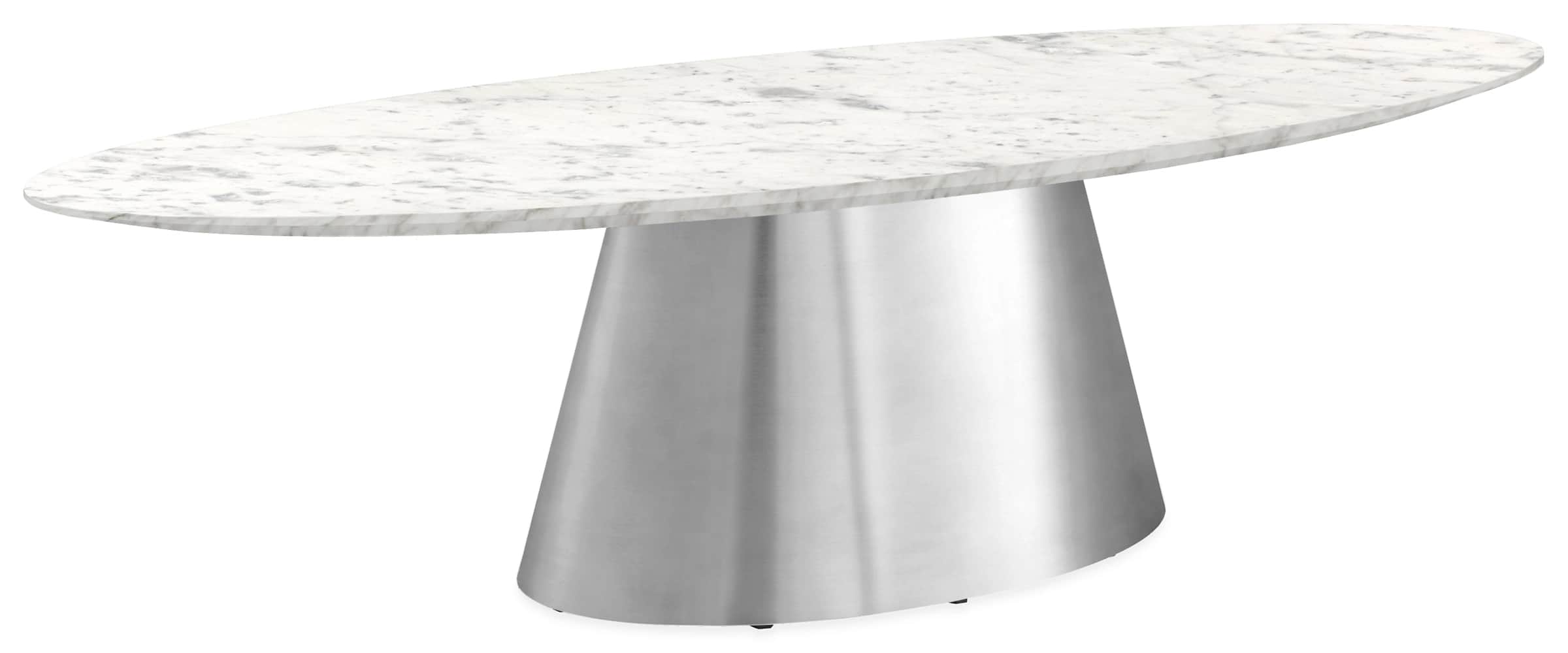 An oval-shaped table featuring a white marble top with grey veining supported by a singular, tapered… — 3D model