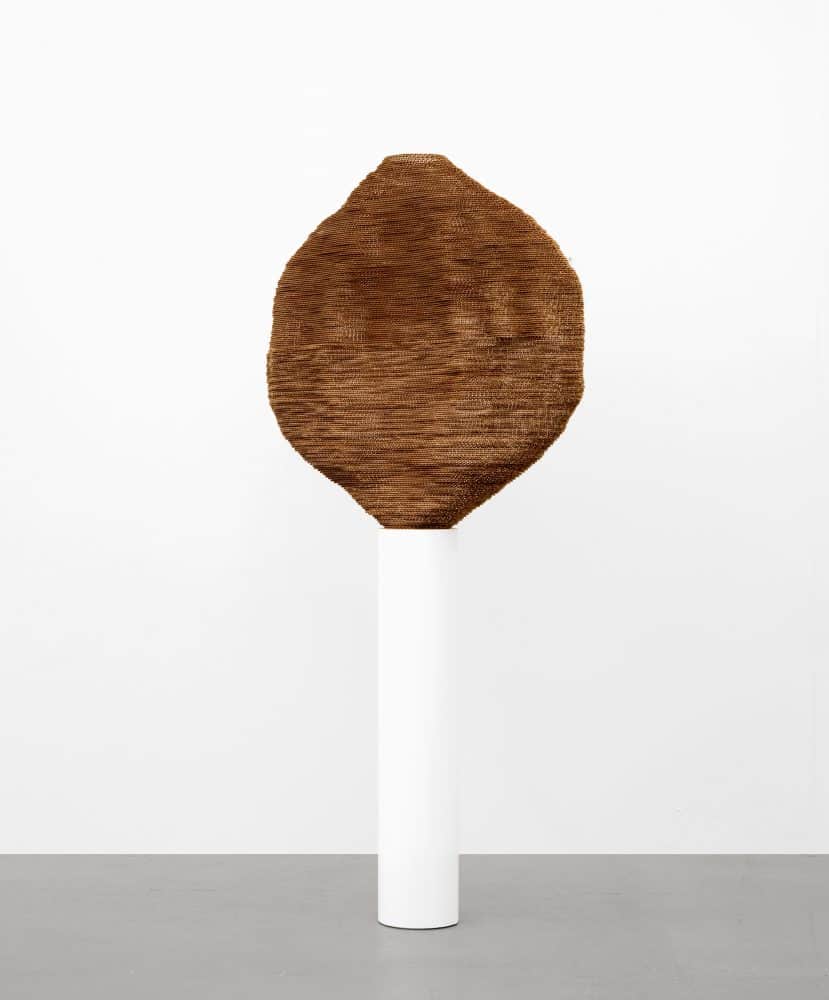 A large, irregularly shaped abstract sculpture with a textured, woven surface in a rich brown hue, d… — 3D model