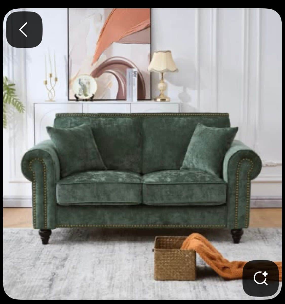 A two-seater sofa with plush cushioning and rolled arms, upholstered in a textured green fabric. The… — free GLTF 3D model
