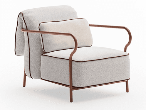 A modern lounge chair featuring a sturdy, exposed metal frame with a copper or rose gold finish. The… — 3D model