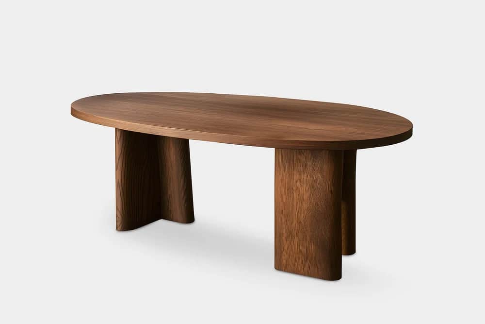 An oval-shaped coffee table with a rich, dark wood finish. The table features a thick, solid top and… — 3D model