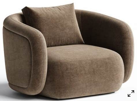 A contemporary armchair featuring a robust, rounded form, fully upholstered in a textured brown fabr… — 3D model