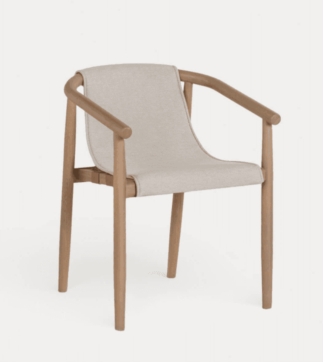 A modern armchair featuring a light-toned wooden frame with curved armrests and a light beige fabric… — 3D model