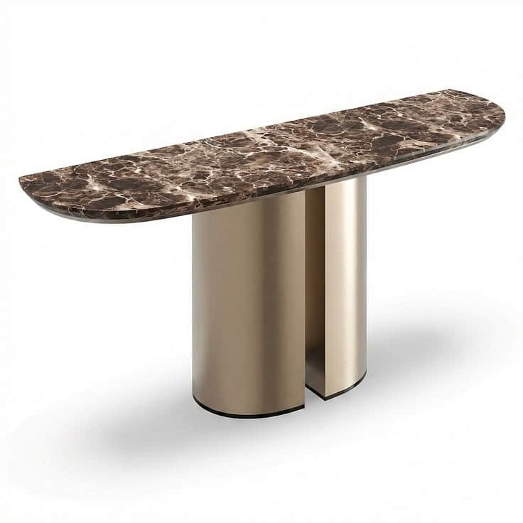 A modern console table featuring a D-shaped, highly polished dark marble top with intricate white an… — 3D model