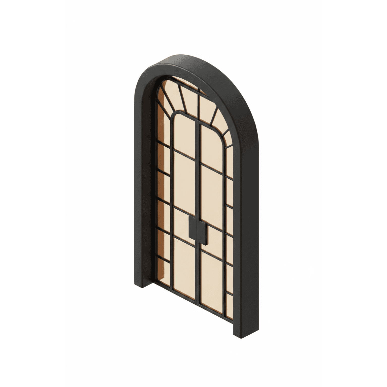 A black metal framed door with an arched top and segmented glass panels. The door features a double… — 3D model