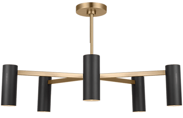 A modern chandelier featuring a central brass downrod connecting to a ceiling plate. A cross-shaped… — free OBJ 3D model