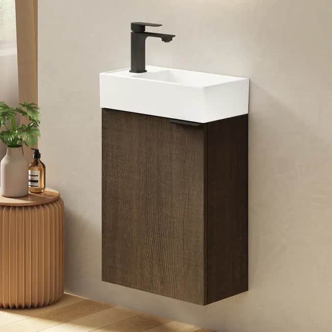 A modern, wall-mounted vanity unit with a rectangular basin and a matte black faucet. The unit featu… — 3D model