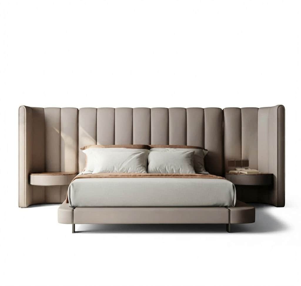 A modern platform bed featuring a low-profile upholstered base and a distinctive oversized headboard… — free BLEND 3D model