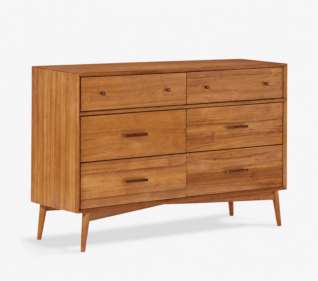 A medium-toned wooden dresser with six drawers, featuring a mid-century modern aesthetic with tapere… — 3D model
