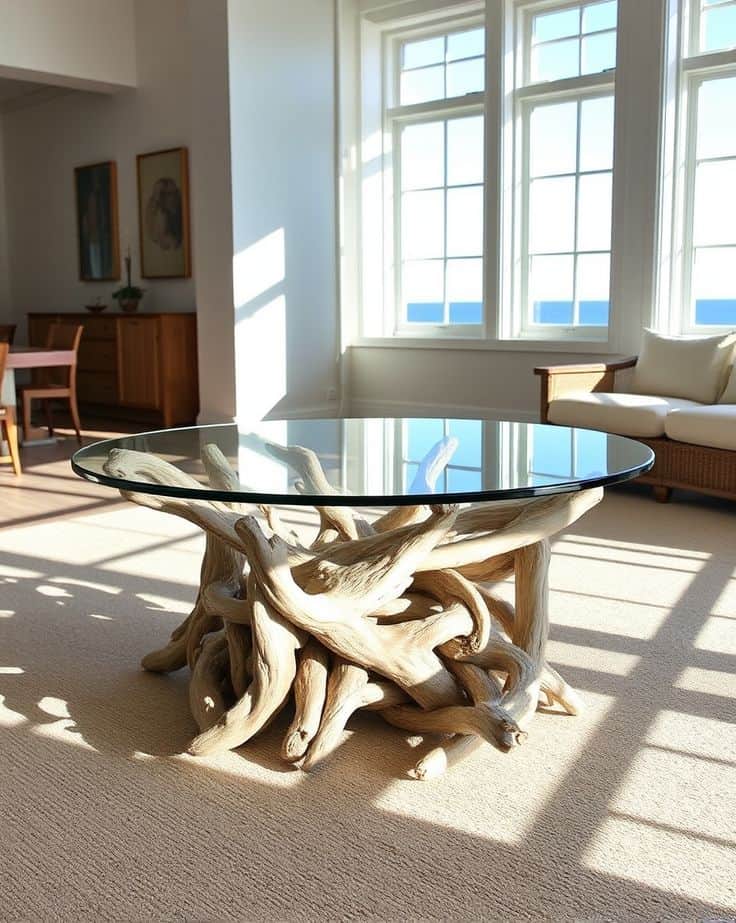 A coffee table featuring a circular glass top supported by a base constructed from intertwining, ble… — free FBX 3D model