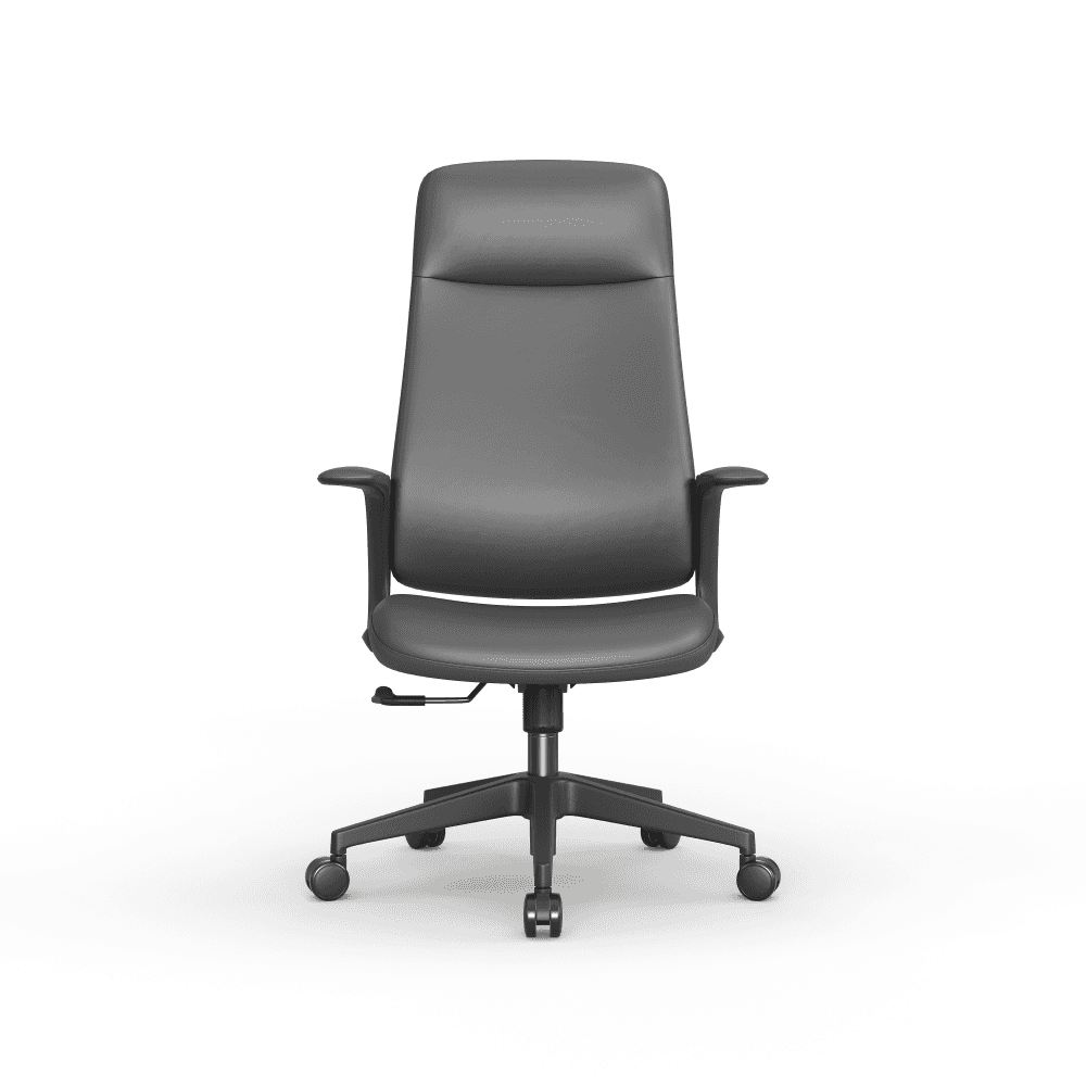 A modern high-back office chair upholstered in dark gray, featuring integrated armrests, a five-star… — 3D model