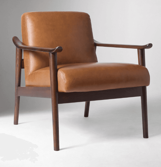 A contemporary armchair with a wooden frame and leather upholstery. The chair features a high back,… — 3D model