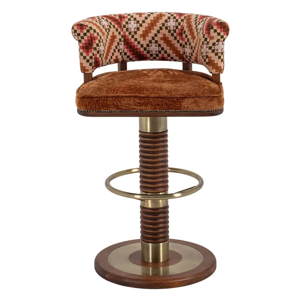 A swivel bar stool featuring a round upholstered seat in brown velvet and a curved, rolled backrest… — 3D model