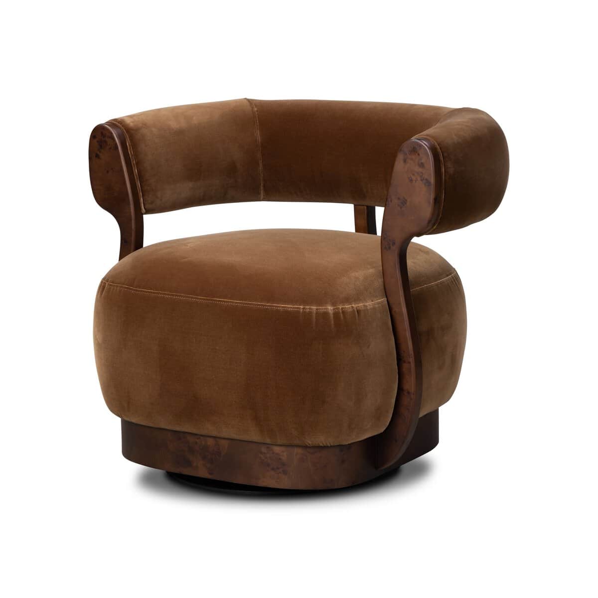 An Art Deco style swivel club chair with plush brown velvet upholstery and a visible burl wood frame… — 3D model