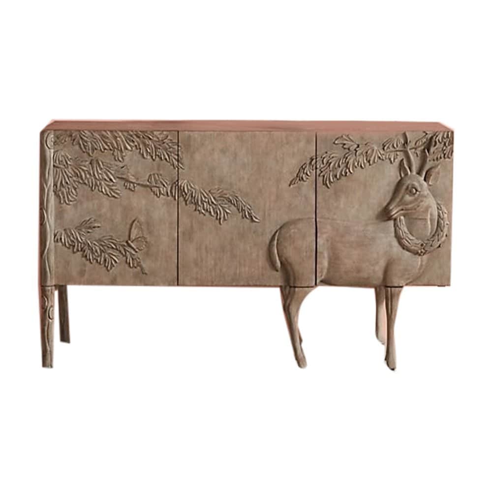 This is a carved wooden sideboard featuring intricate relief carvings of a deer with a wreath around… — 3D model