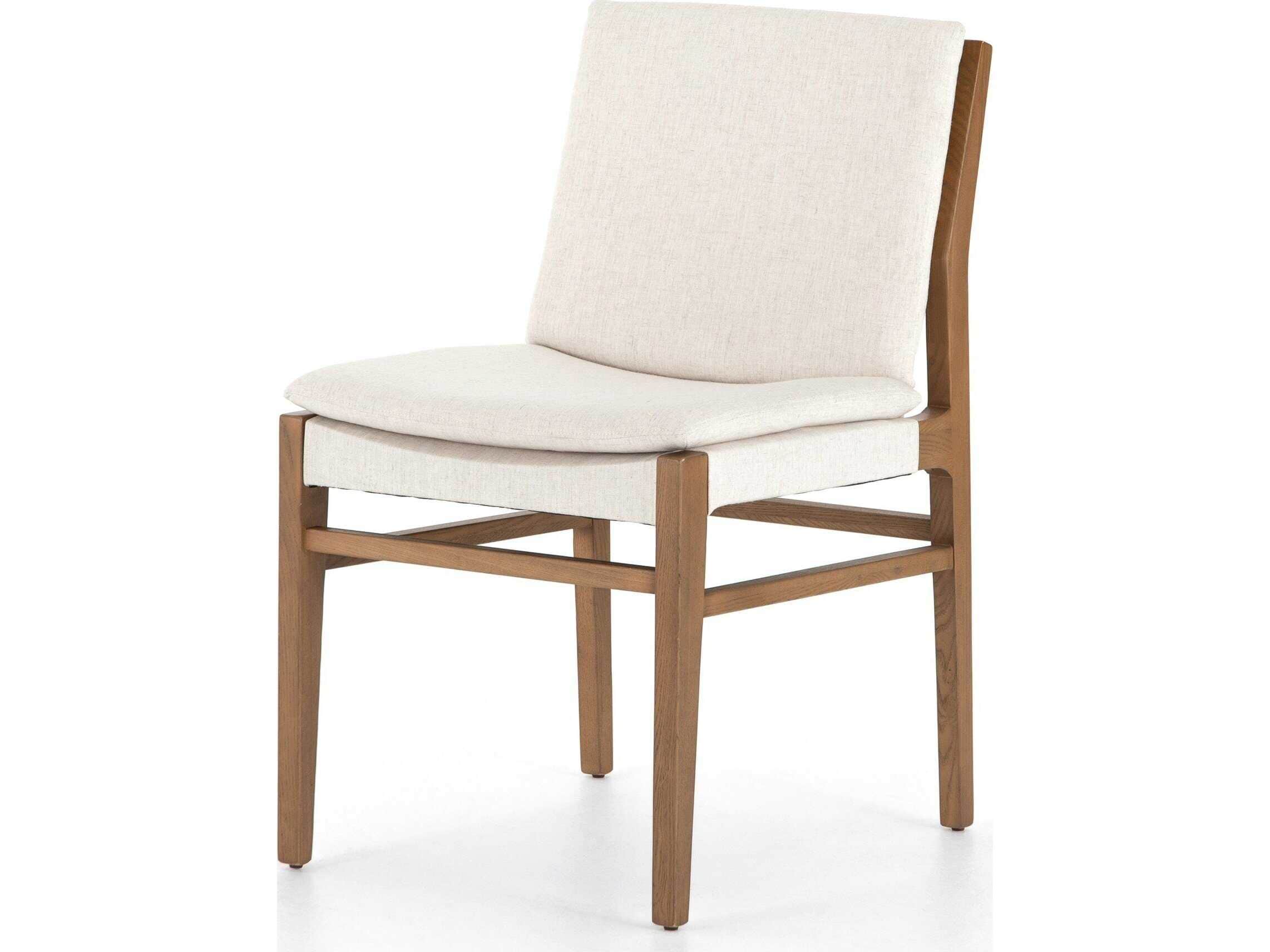A contemporary armless chair featuring a light-toned solid wood frame and upholstered seat and back… — 3D model