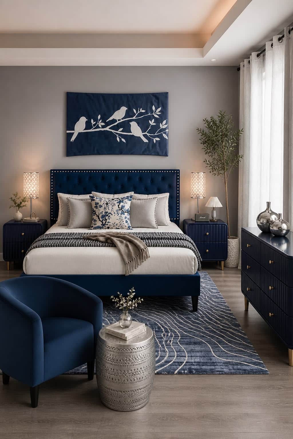 A contemporary upholstered platform bed featuring a tall headboard and side rails covered in deep na… — 3D model