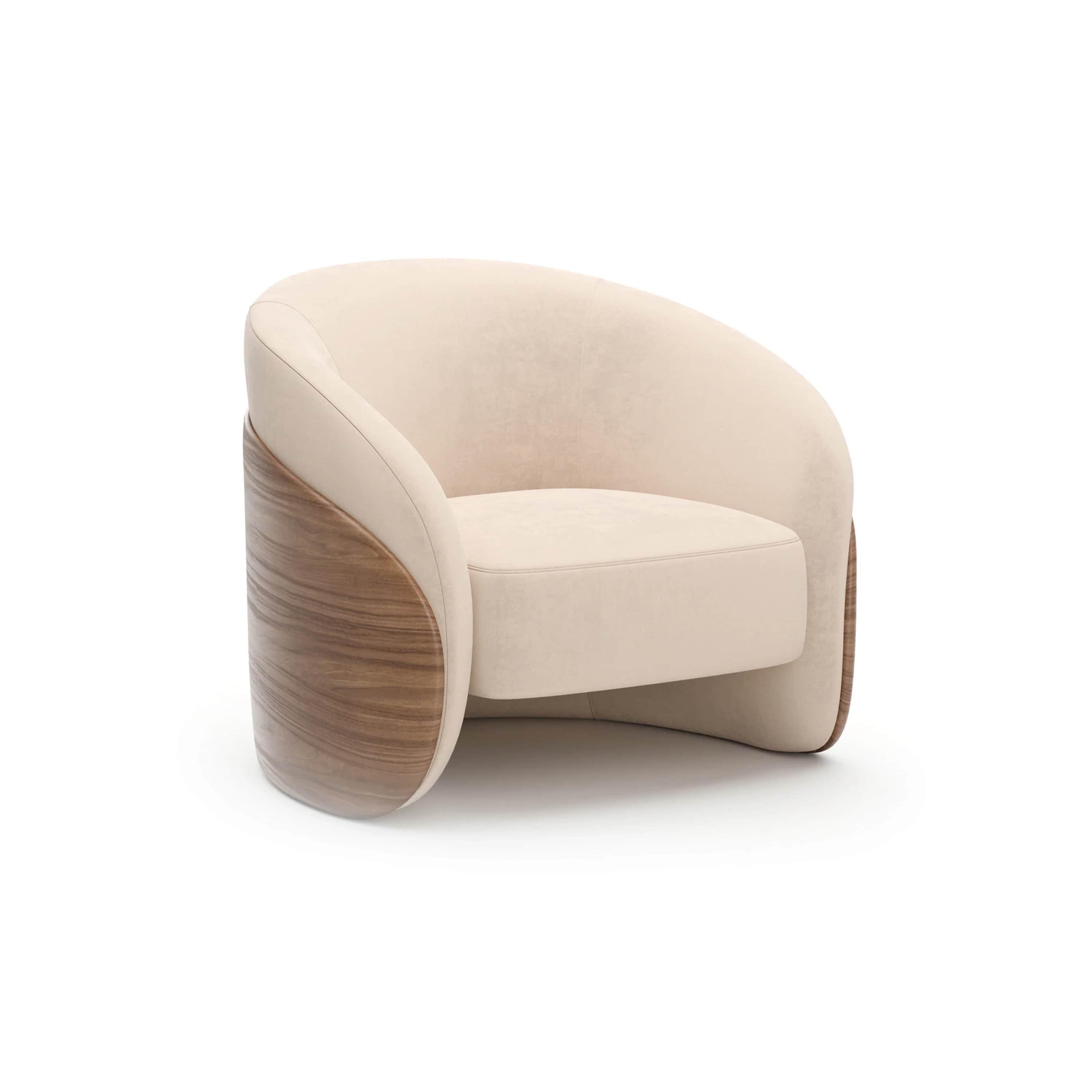 A modern lounge chair featuring a curved, upholstered inner shell in a light neutral fabric, complem… — 3D model