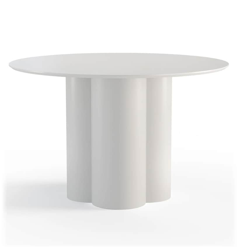 A modern, white, round dining table with a distinctive pedestal base. The base consists of three cur… — free BLEND 3D model