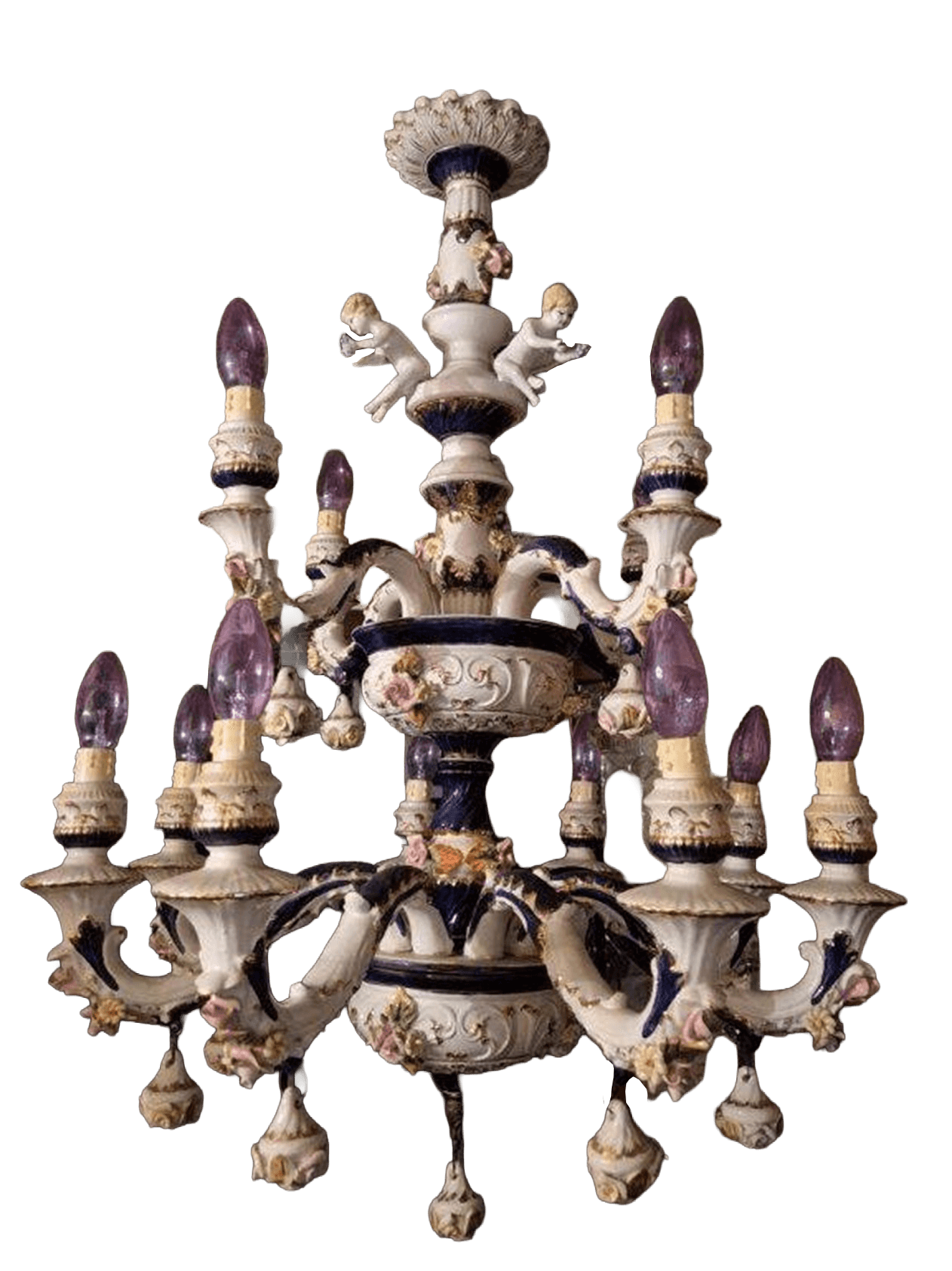 A decorative chandelier featuring multiple arms and ornate ceramic detailing. The structure is prima… — 3D model
