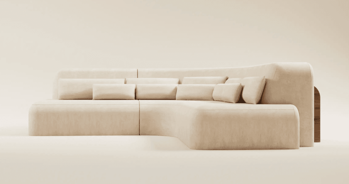 A modular, sectional sofa with rounded edges and plush cushioning. The sofa is upholstered in a ligh… — 3D model