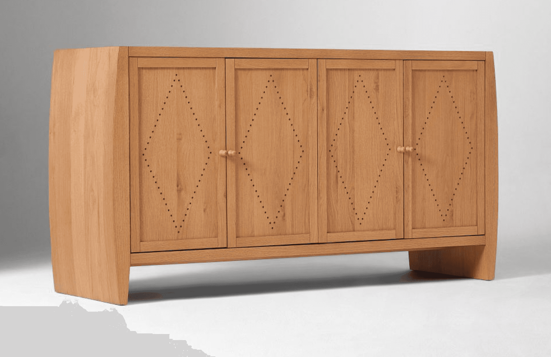 A four-door credenza made of light-colored wood, featuring a modern design with slightly curved side… — free BLEND 3D model