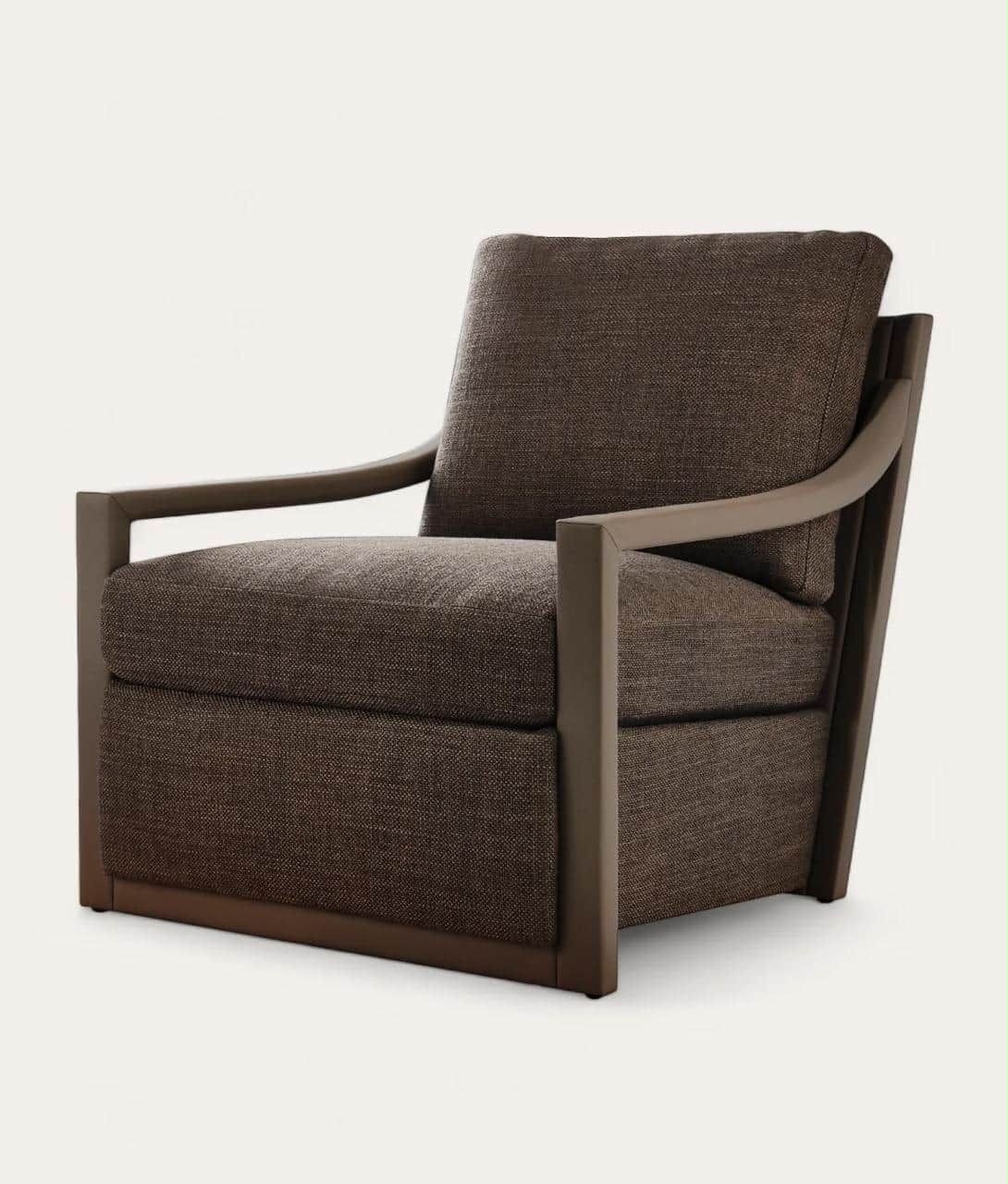 An upholstered lounge armchair featuring a dark brown textured fabric and a visible, sculptural dark… — free OBJ 3D model