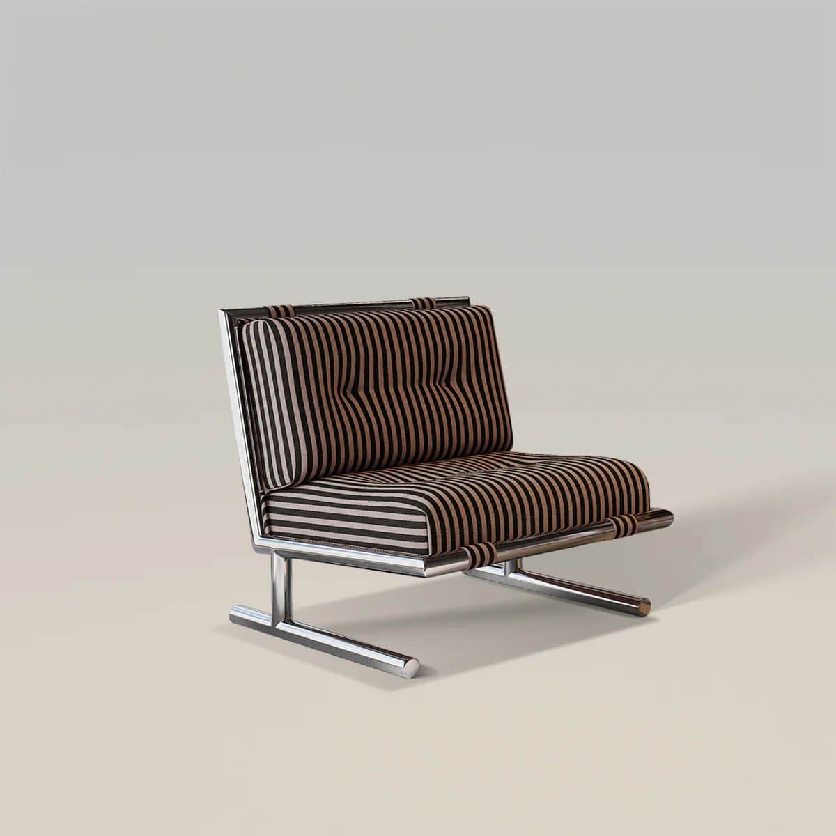 A modern armchair featuring a polished chrome metal frame and upholstered cushions with a vertical s… — 3D model