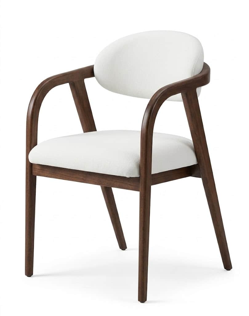 A modern armchair featuring a dark walnut wood frame with gracefully curved armrests and tapered leg… — 3D model