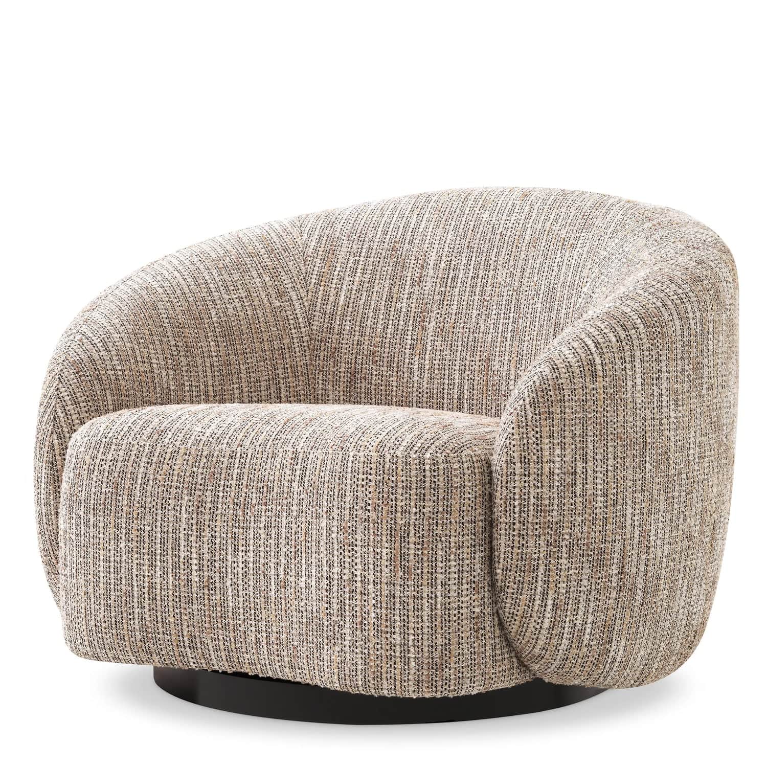 A contemporary barrel-shaped armchair, fully upholstered in a textured, neutral-toned fabric, featur… — 3D model