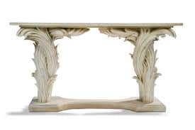 An ornate console table featuring a rectangular top and two heavily carved pedestal supports, all cr… — 3D model