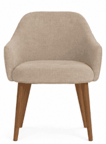 A contemporary upholstered armchair with a light beige fabric finish and four tapered wooden legs. — 3D model