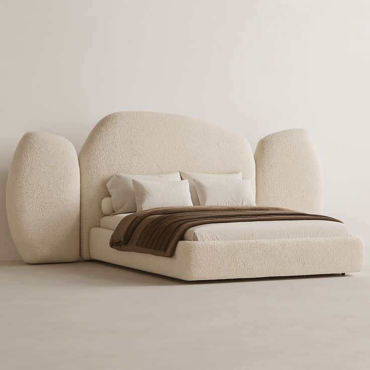 A contemporary platform bed featuring a low-profile base and an oversized, sculptural headboard with… — free BLEND 3D model