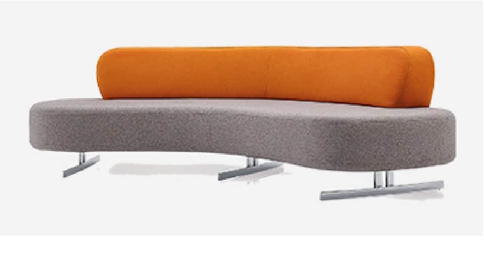 A modern, curved upholstered bench featuring a grey fabric seat and a separate, orange bolster-style… — free GLTF 3D model