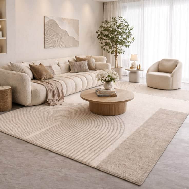 A modern circular area rug with an abstract geometric pattern in neutral beige, cream, and light bro… — 3D model