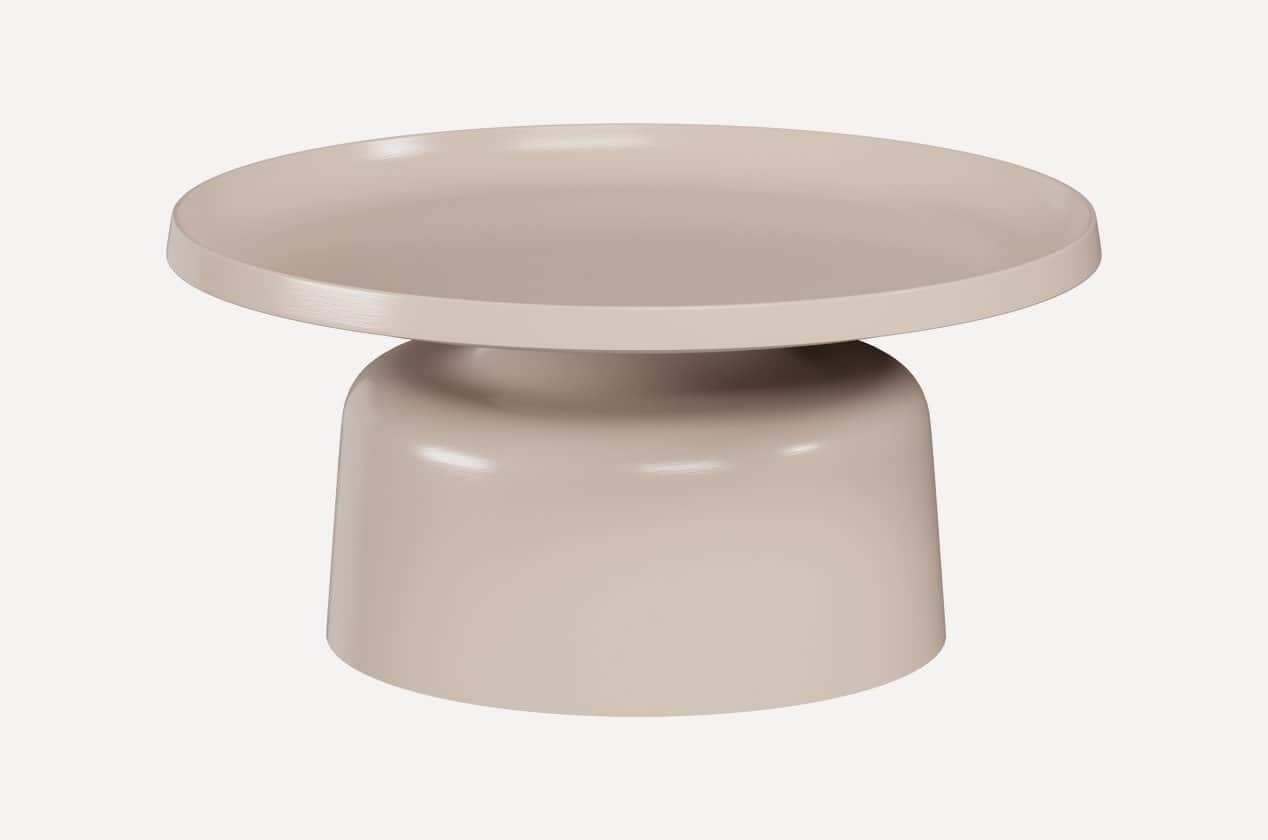 A modern coffee table with a round, slightly raised top and a solid, drum-shaped base. The design is… — 3D model