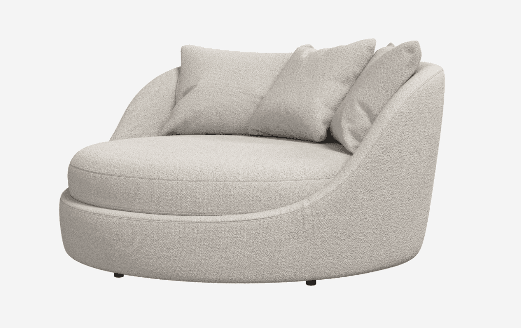 An oversized, round, deep-seated lounge chair upholstered in a cream-colored boucle fabric with two… — 3D model