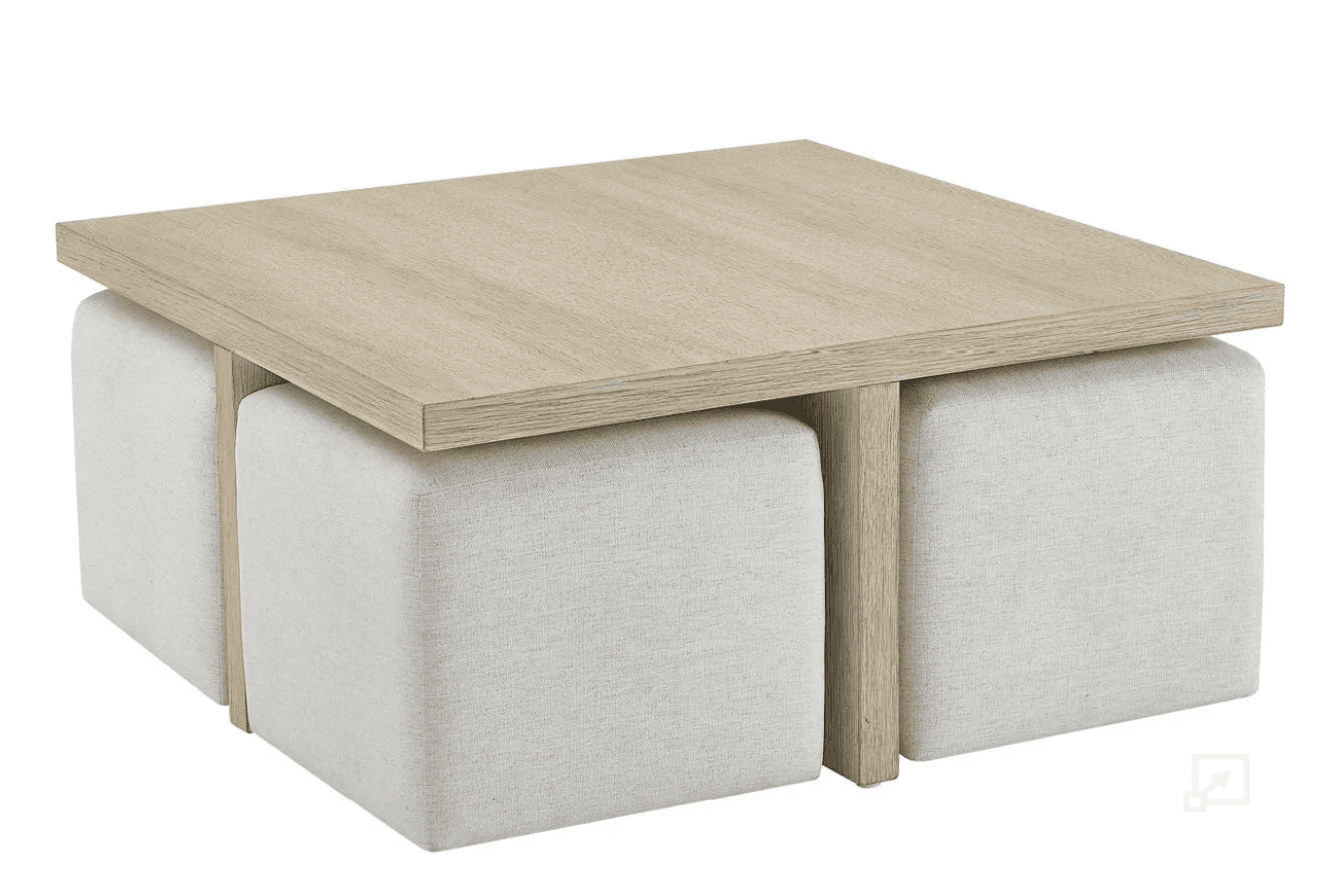 A modern square coffee table with a light wood grain finish, featuring four cube-shaped ottomans uph… — free SKP 3D model