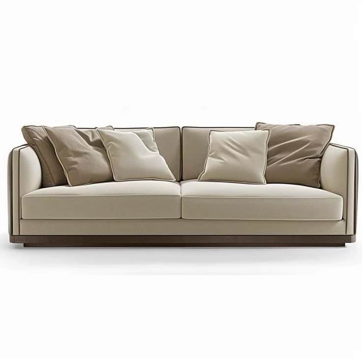 A modern two-seater sofa upholstered in cream fabric, featuring a dark wood plinth base and multiple… — free GLTF 3D model