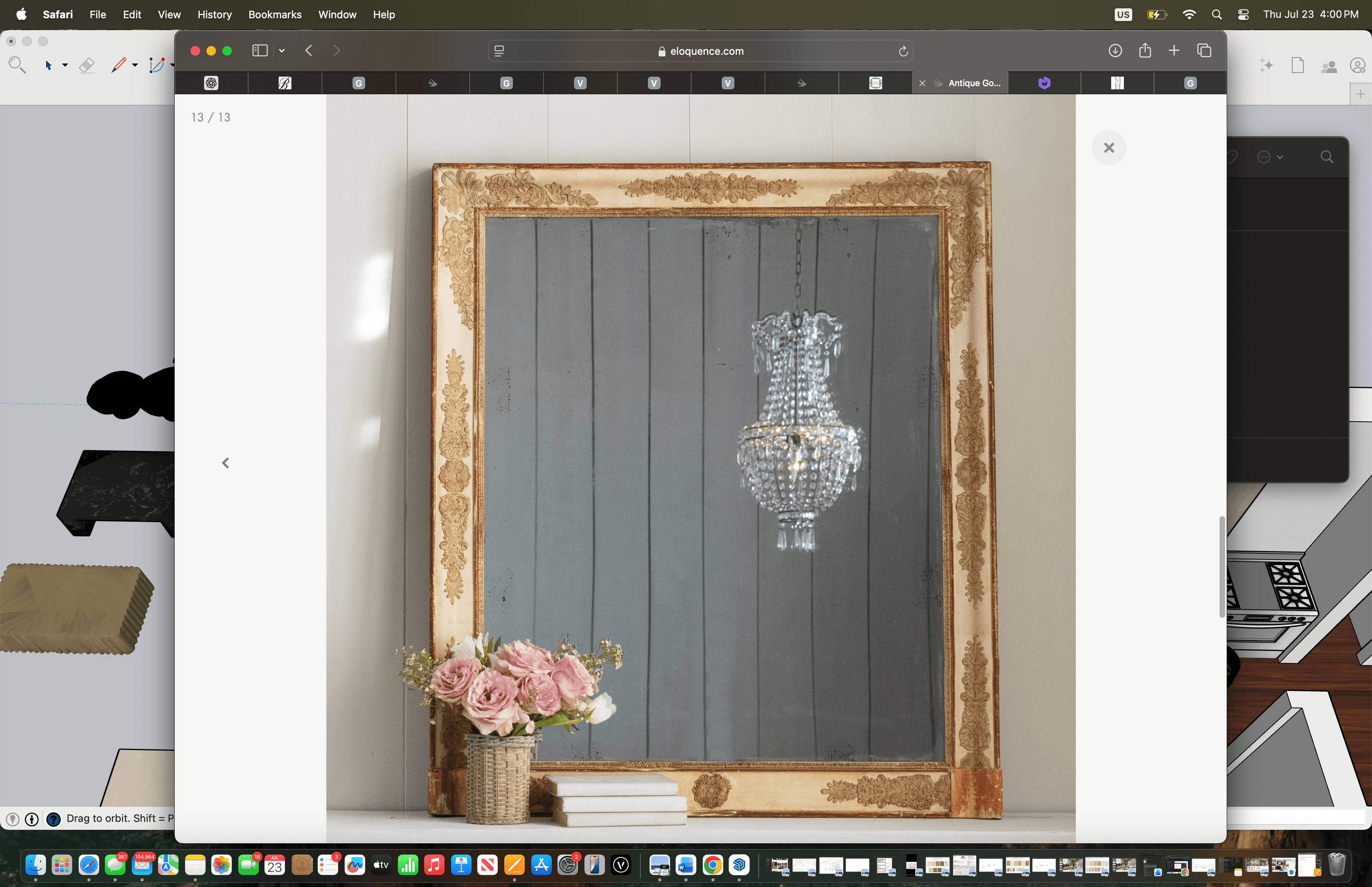 A rectangular wall mirror featuring an ornate, distressed gilded frame. The frame has prominent deco… — 3D model