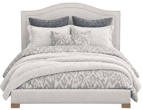 An upholstered bed featuring a subtly scalloped headboard, a low-profile frame, and a neutral color… — 3D model