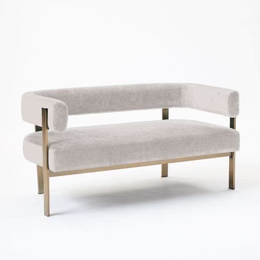 A contemporary loveseat featuring a light gray velvet upholstery and an exposed gold-tone metal fram… — 3D model